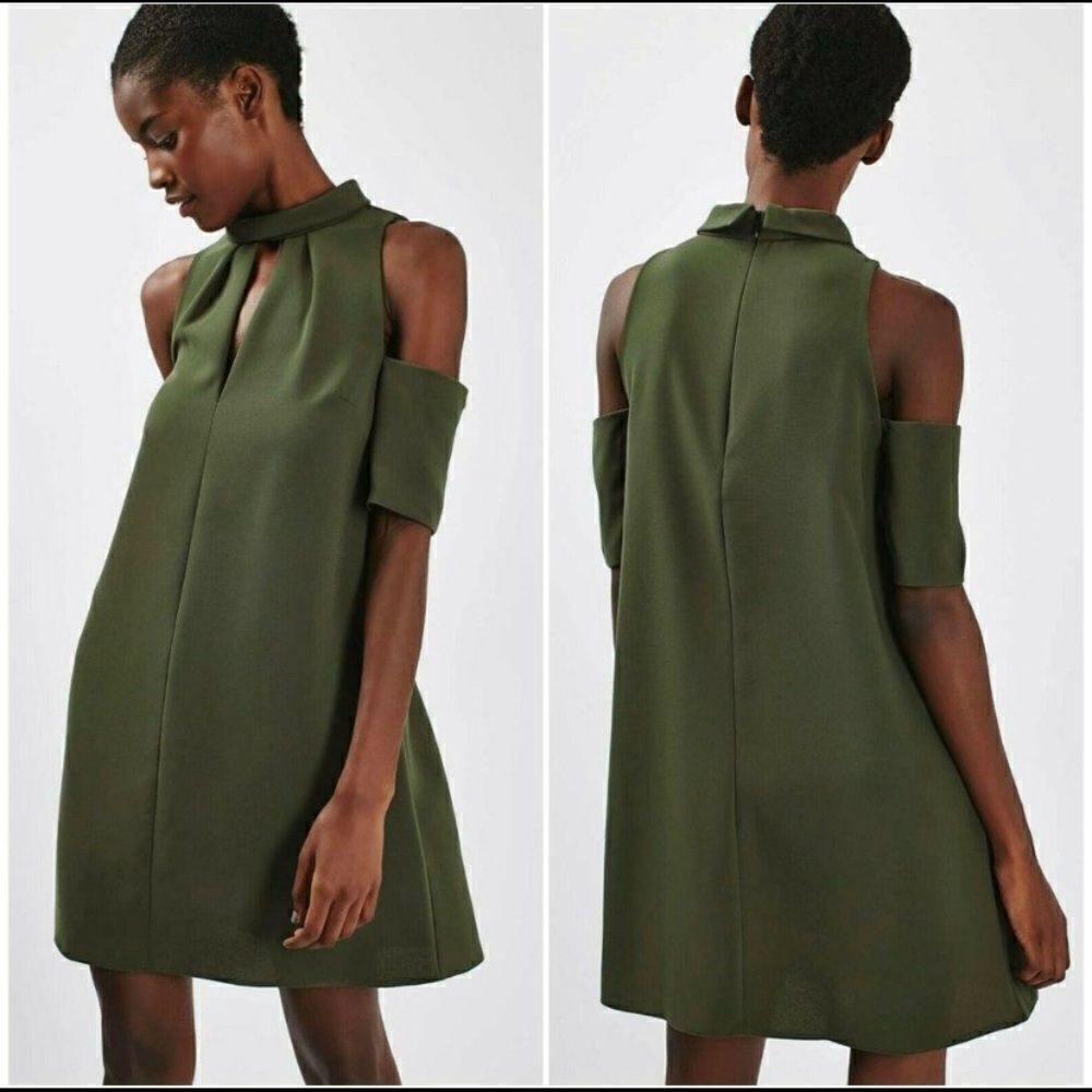 Topshop Cold Shoulder Keyhole Dress Olive